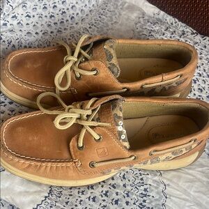 Sperry Tan Boat Shoes with Moccasin Construction and leopard with sequins 7.5
